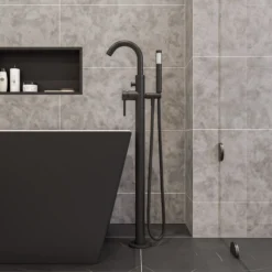 ALFI brand Brass, AB2534-BM Black Matte Single Lever Floor Mounted Tub Filler Mixer w Hand Held Shower Head