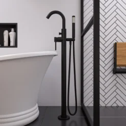 ALFI brand Brass, AB2534-BM Black Matte Single Lever Floor Mounted Tub Filler Mixer w Hand Held Shower Head