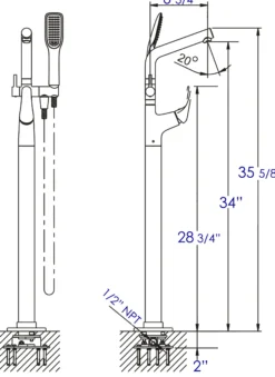 ALFI brand Brass, AB2758-BN Brushed Nickel Floor Mounted Tub Filler + Mixer /w additional Hand Held Shower Head