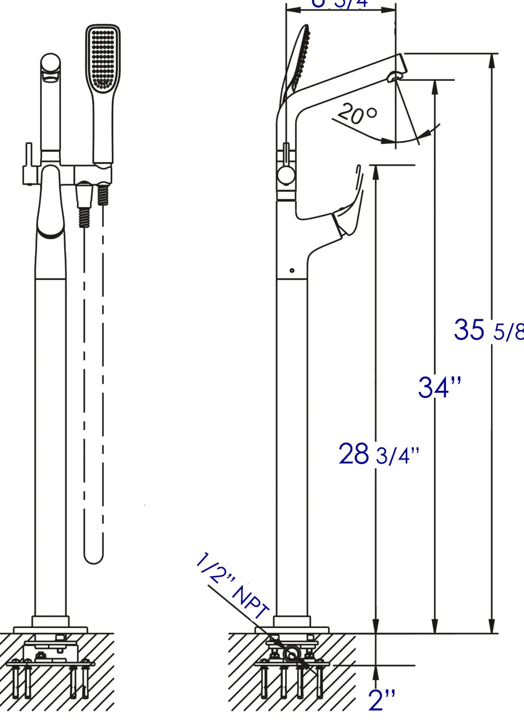 ALFI brand Brass, AB2758-BN Brushed Nickel Floor Mounted Tub Filler + Mixer /w additional Hand Held Shower Head