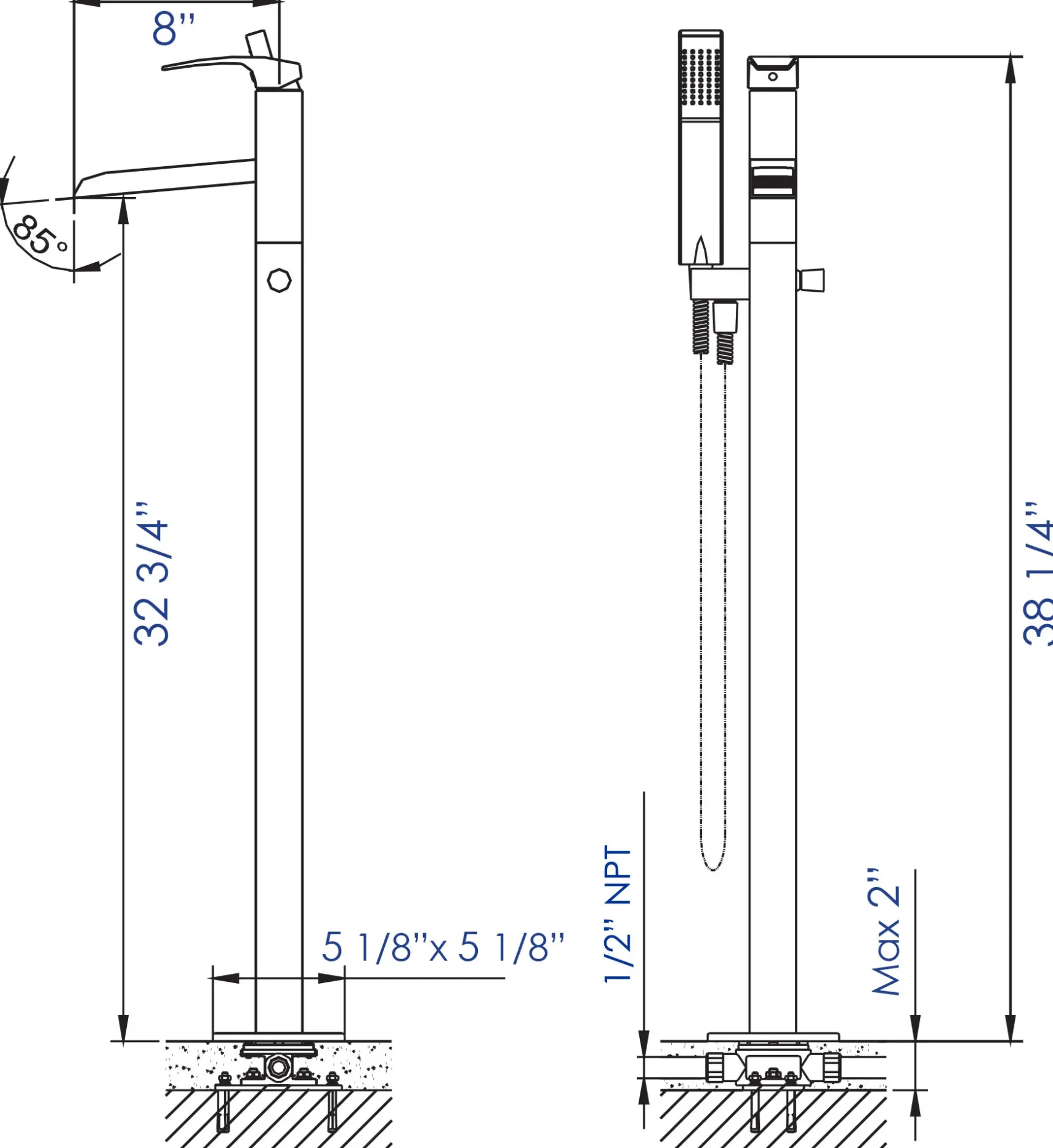 ALFI brand Brass, AB2843-BN Brushed Nickel Single Hole Floor Mounted Waterfall Tub Filler