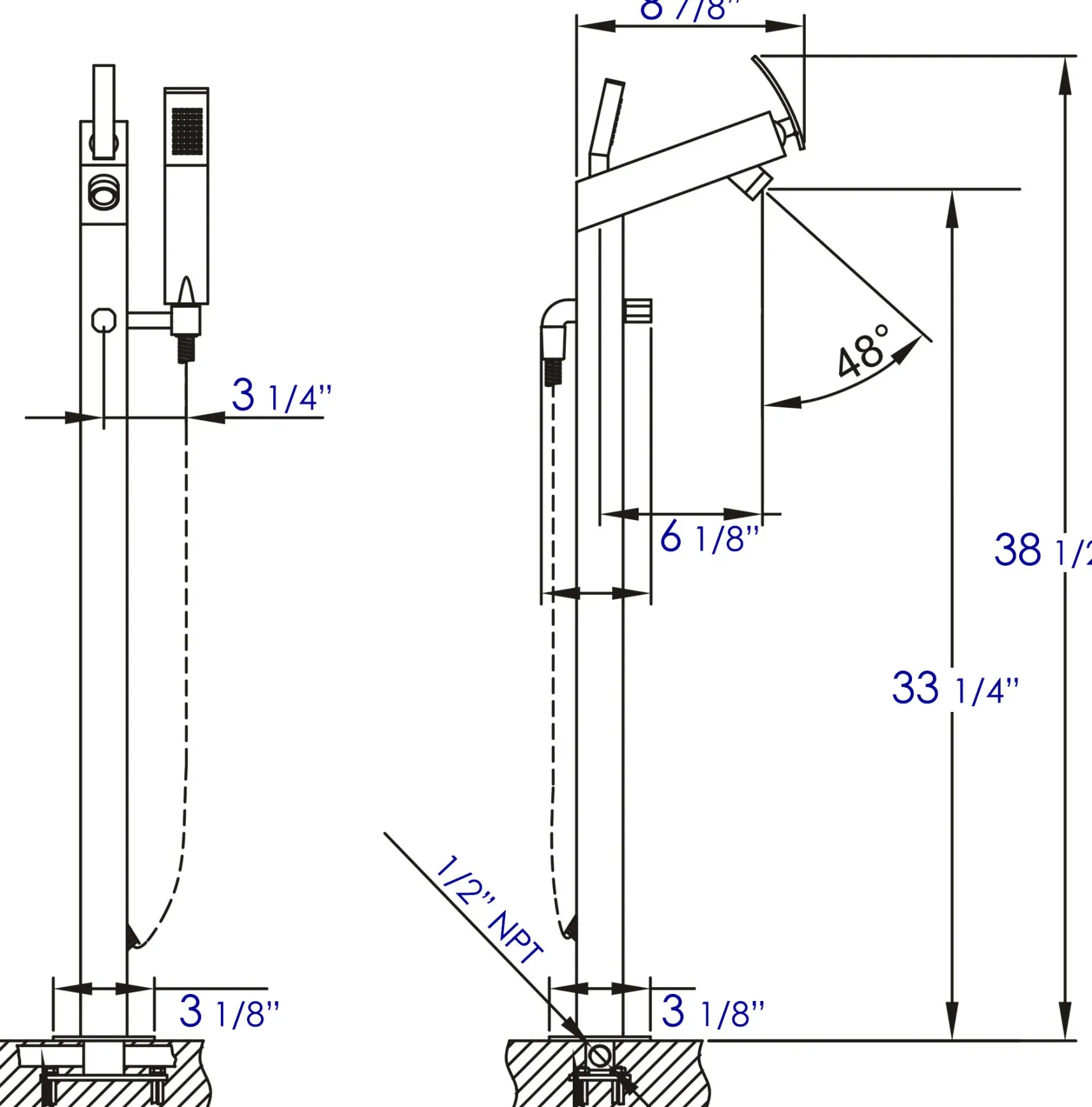 ALFI brand Brass, AB2728-BN Brushed Nickel Floor Mounted Tub Filler + Mixer /w additional Hand Held Shower Head