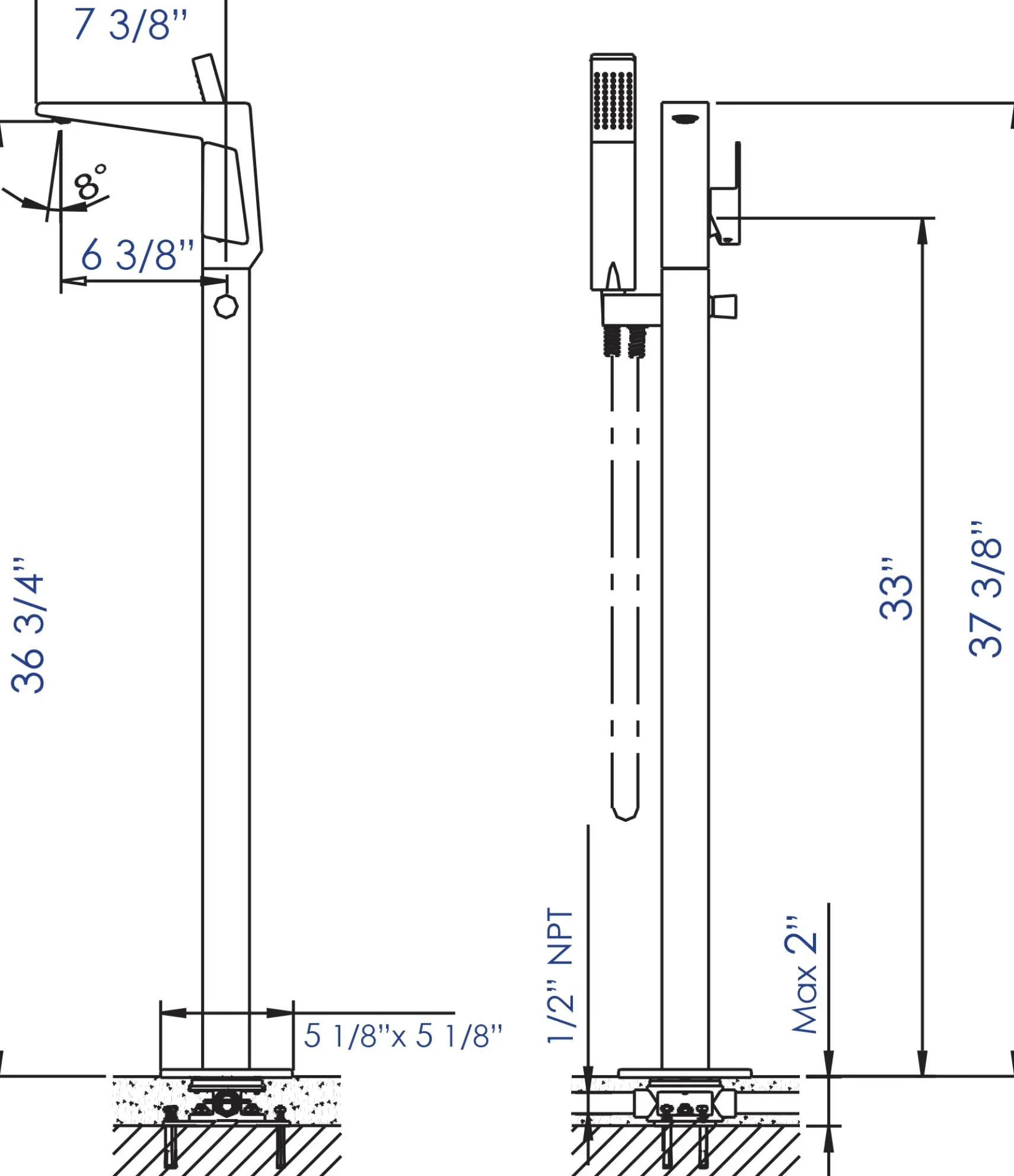 ALFI brand Brass, AB2475-PC Polished Chrome Single Hole Floor Mounted Tub Filler