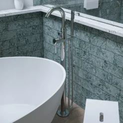 ALFI brand Brass, AB2534-PC Polished Chrome Single Lever Floor Mounted Tub Filler Mixer w Hand Held Shower Head