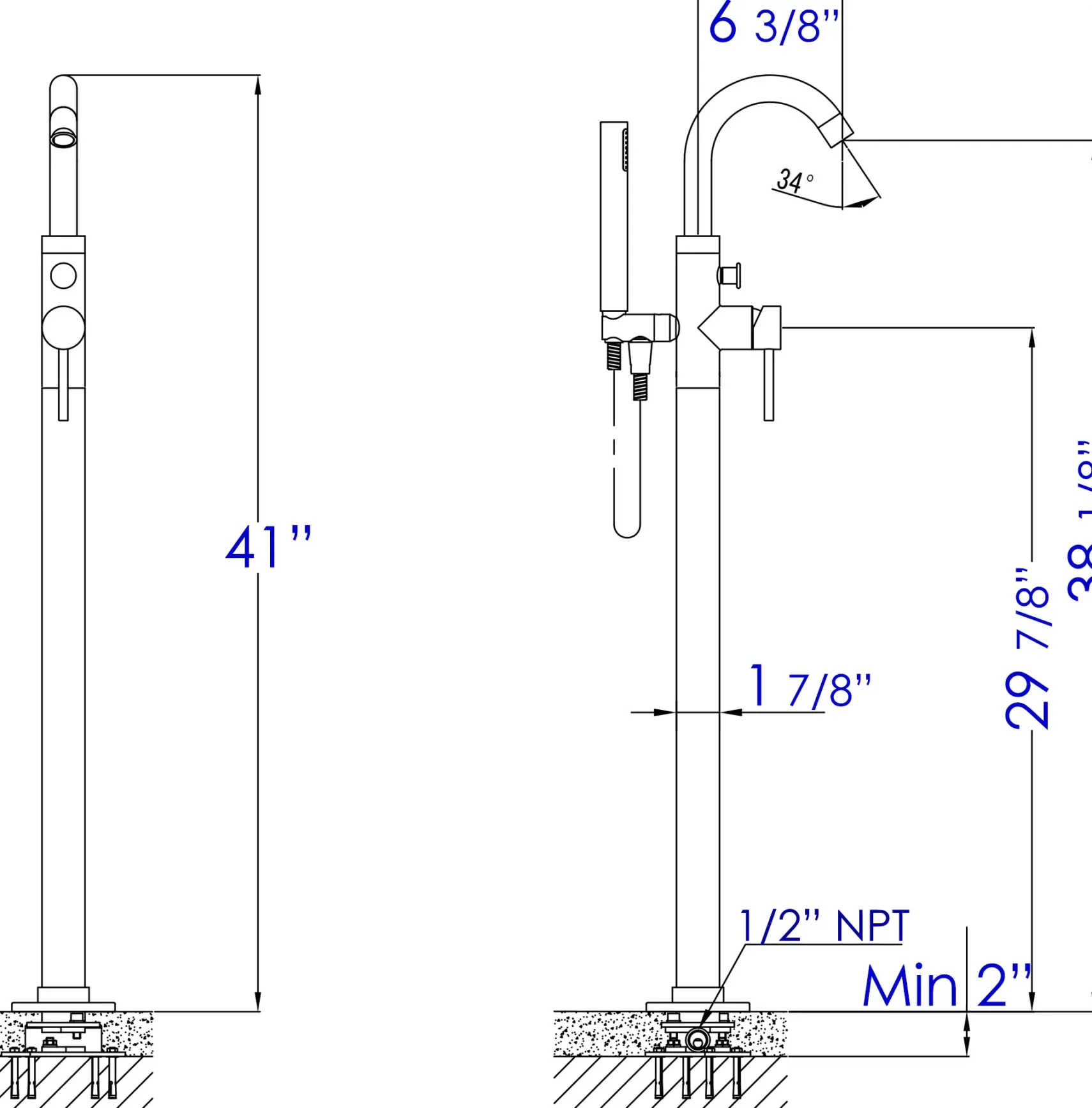 ALFI brand Brass, AB2534-PC Polished Chrome Single Lever Floor Mounted Tub Filler Mixer w Hand Held Shower Head