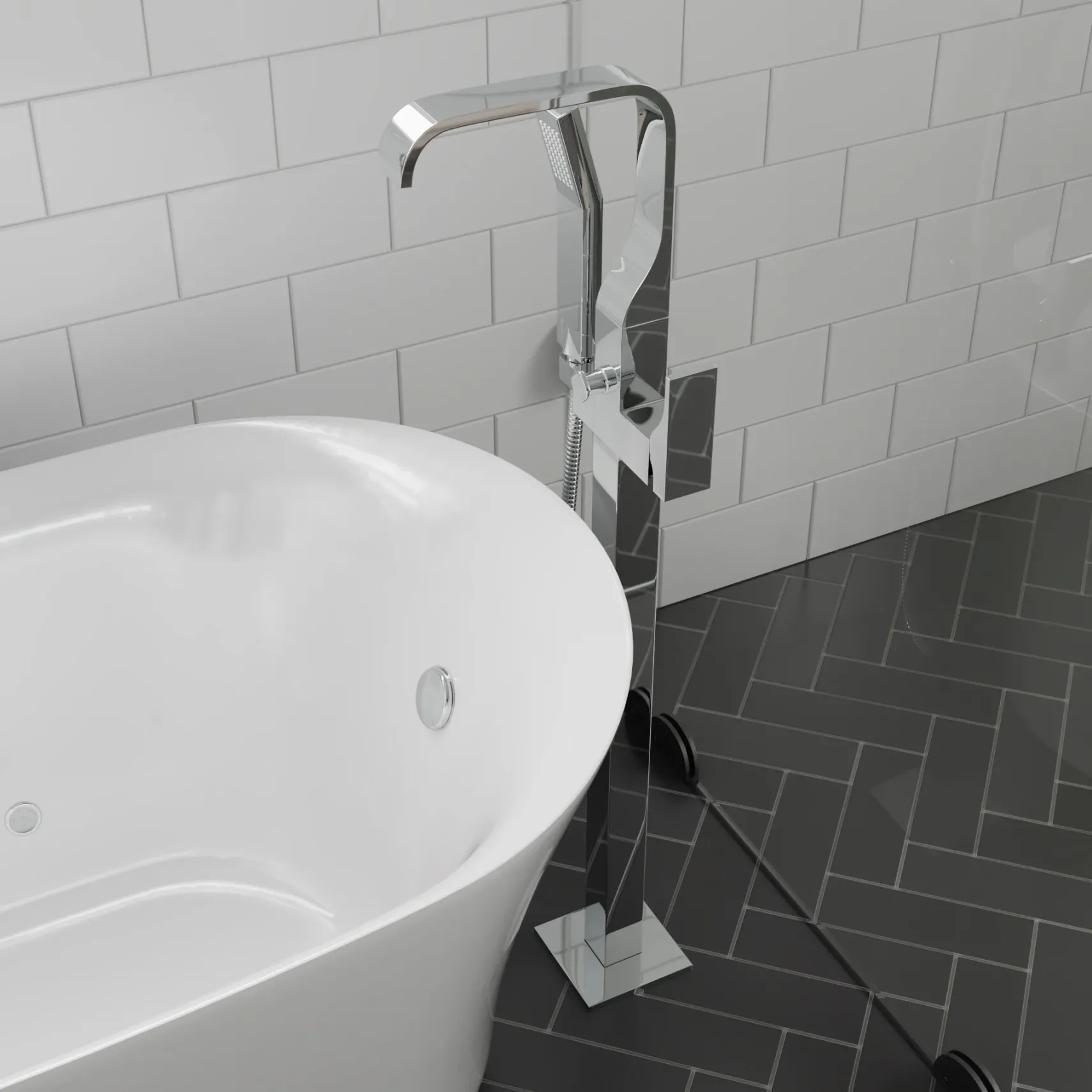 ALFI brand Brass, AB2180-PC Polished Chrome Single Lever Floor Mounted Tub Filler Mixer w Hand Held Shower Head