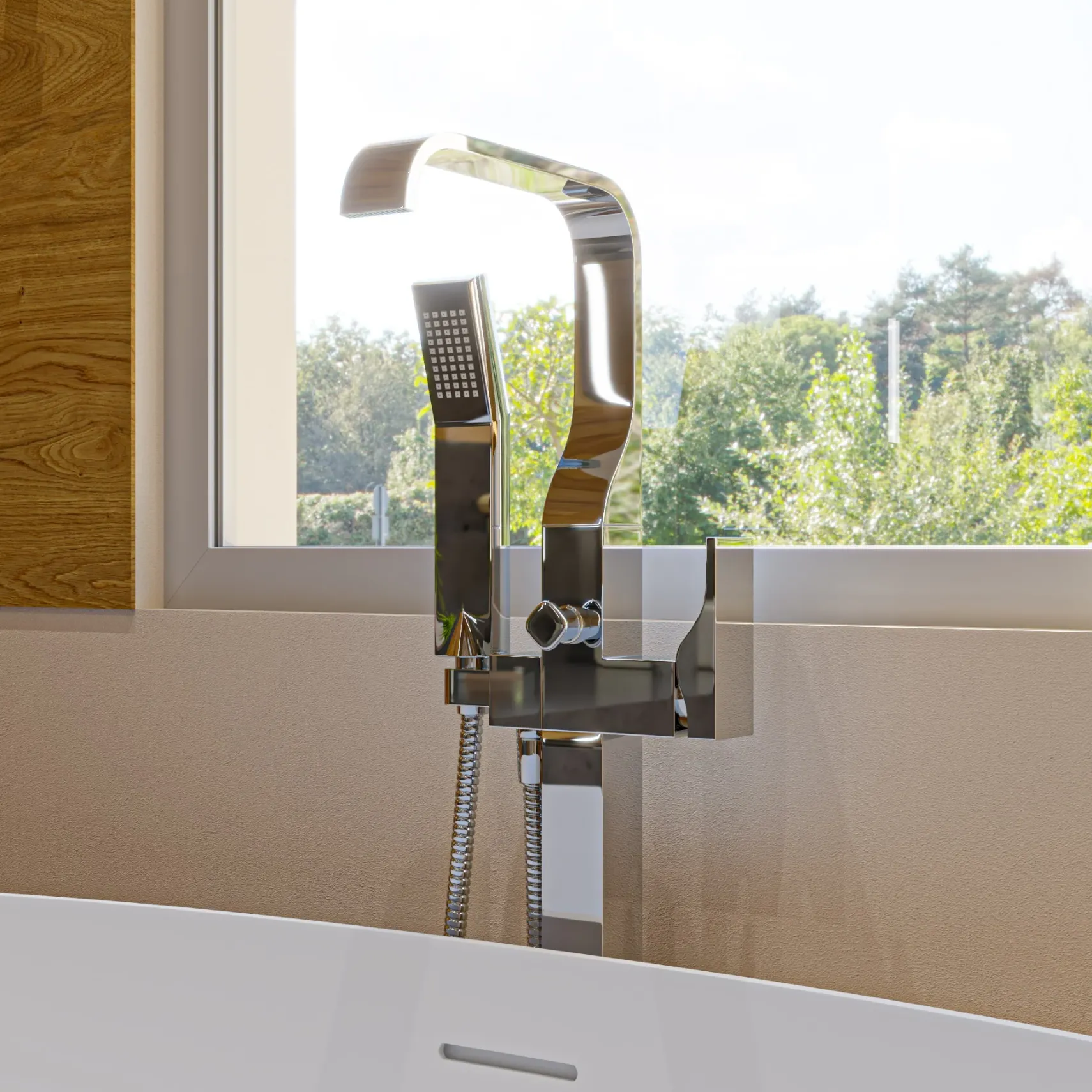 ALFI brand Brass, AB2180-PC Polished Chrome Single Lever Floor Mounted Tub Filler Mixer w Hand Held Shower Head
