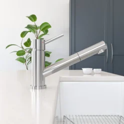ALFI Solid Brushed Stainless Steel Pull Out Single Hole Kitchen Faucet, AB2025-BSS