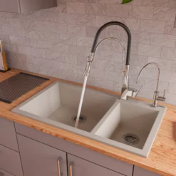 ALFI Biscuit 34" Double Bowl Drop In Granite Composite Kitchen Sink, AB3319DI-B