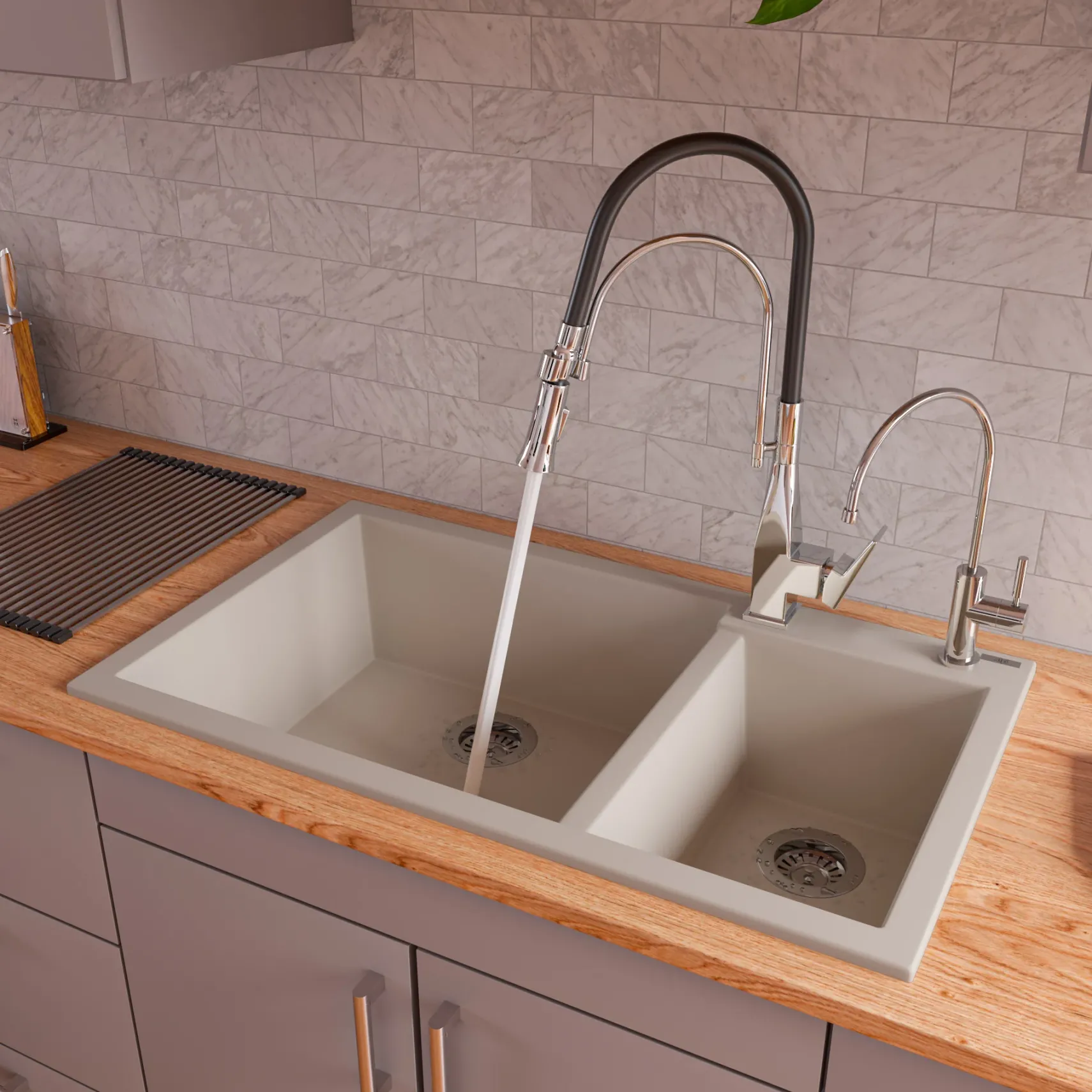 ALFI Biscuit 34" Double Bowl Drop In Granite Composite Kitchen Sink, AB3319DI-B