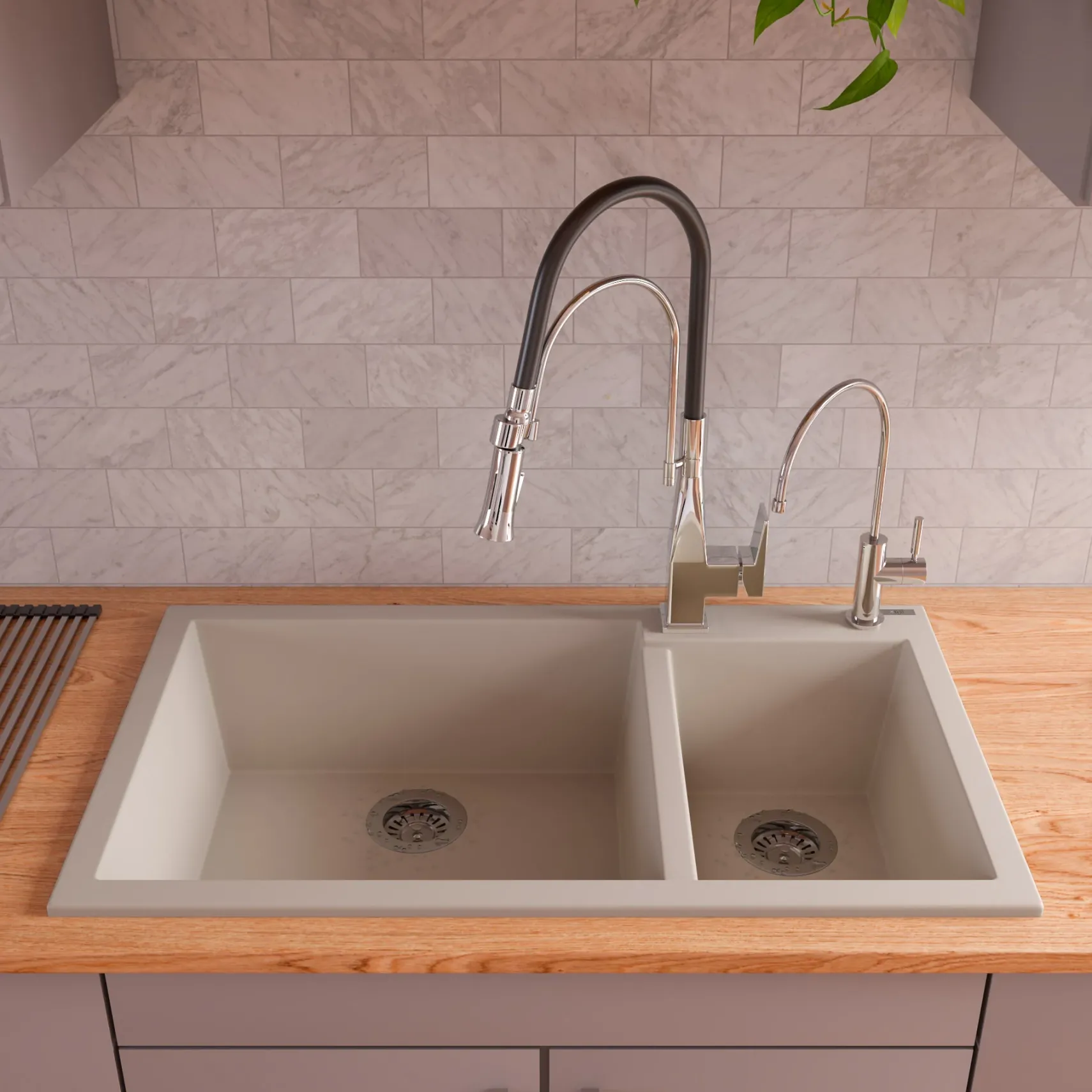 ALFI Biscuit 34" Double Bowl Drop In Granite Composite Kitchen Sink, AB3319DI-B