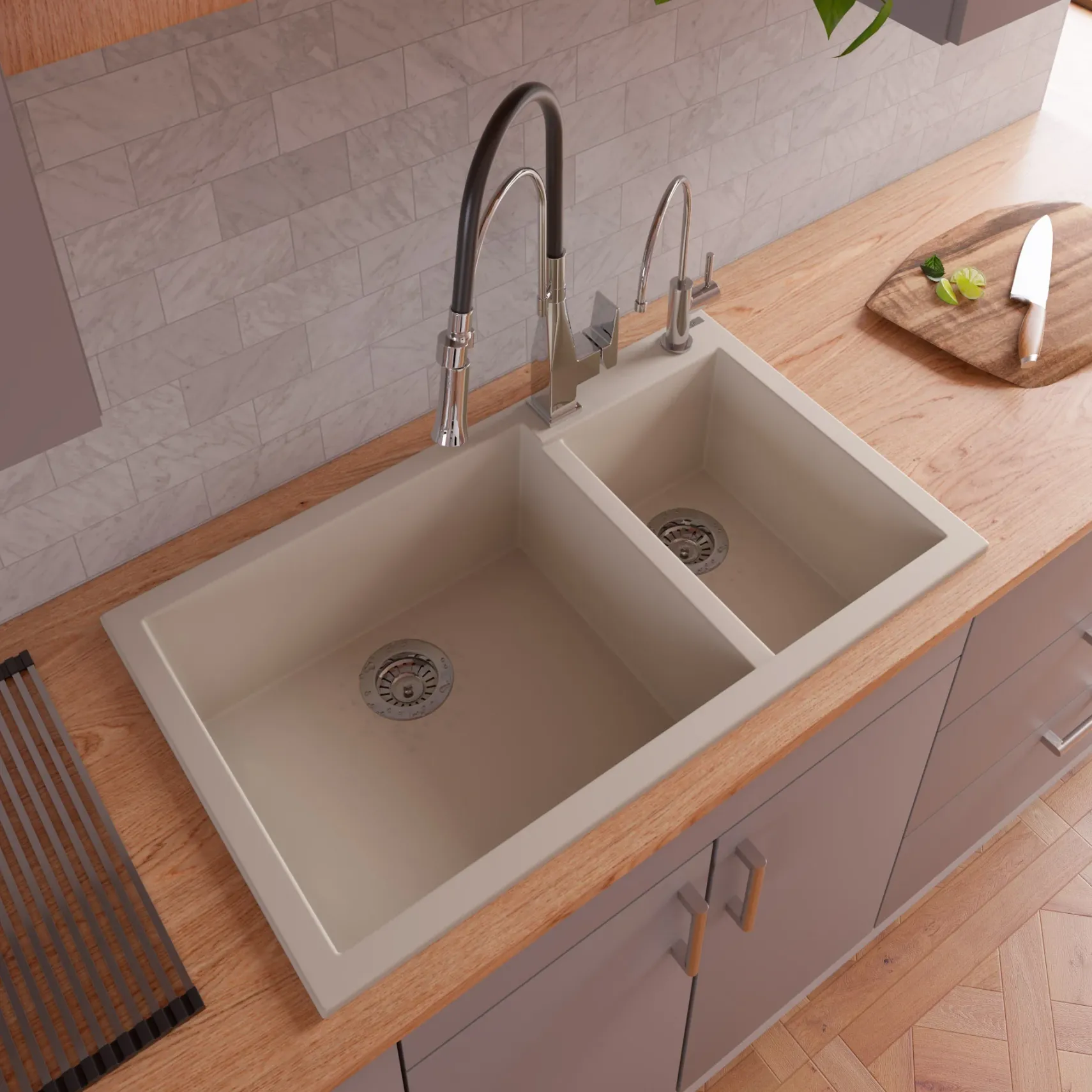 ALFI Biscuit 34" Double Bowl Drop In Granite Composite Kitchen Sink, AB3319DI-B