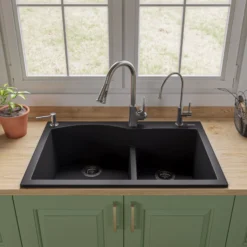 ALFI Black 33" Double Bowl Drop In Granite Composite Kitchen Sink, AB3320DI-BLA