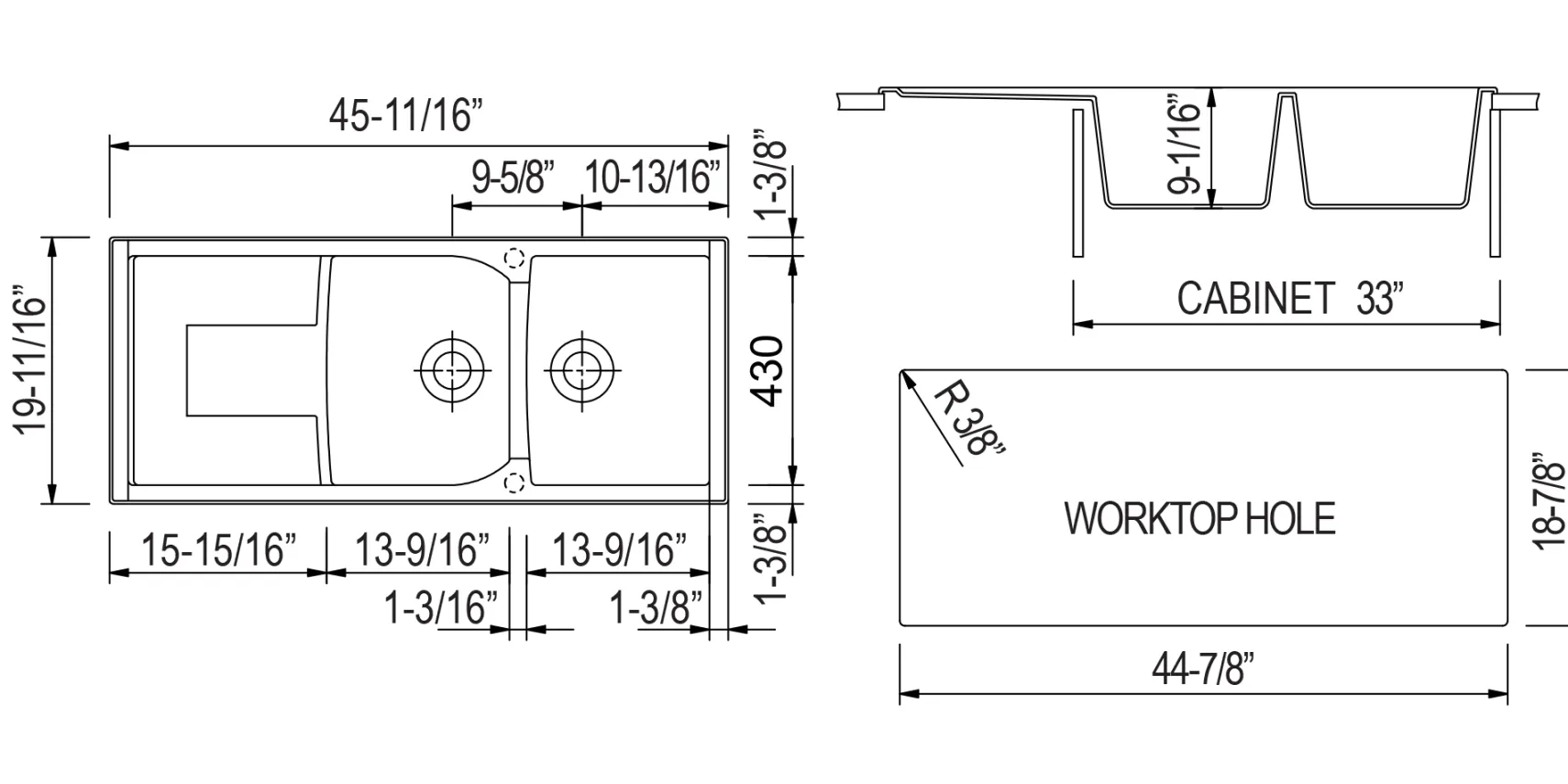 ALFI Black 46" Double Bowl Granite Composite Kitchen Sink with Drainboard, AB4620DI-BLA