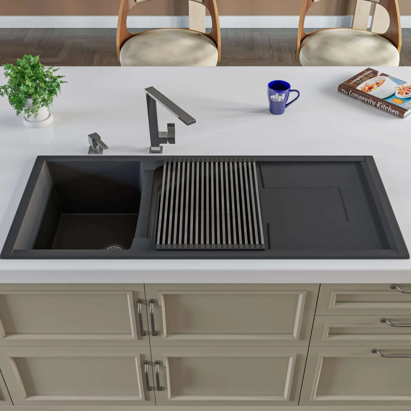 ALFI Black 46" Double Bowl Granite Composite Kitchen Sink with Drainboard, AB4620DI-BLA