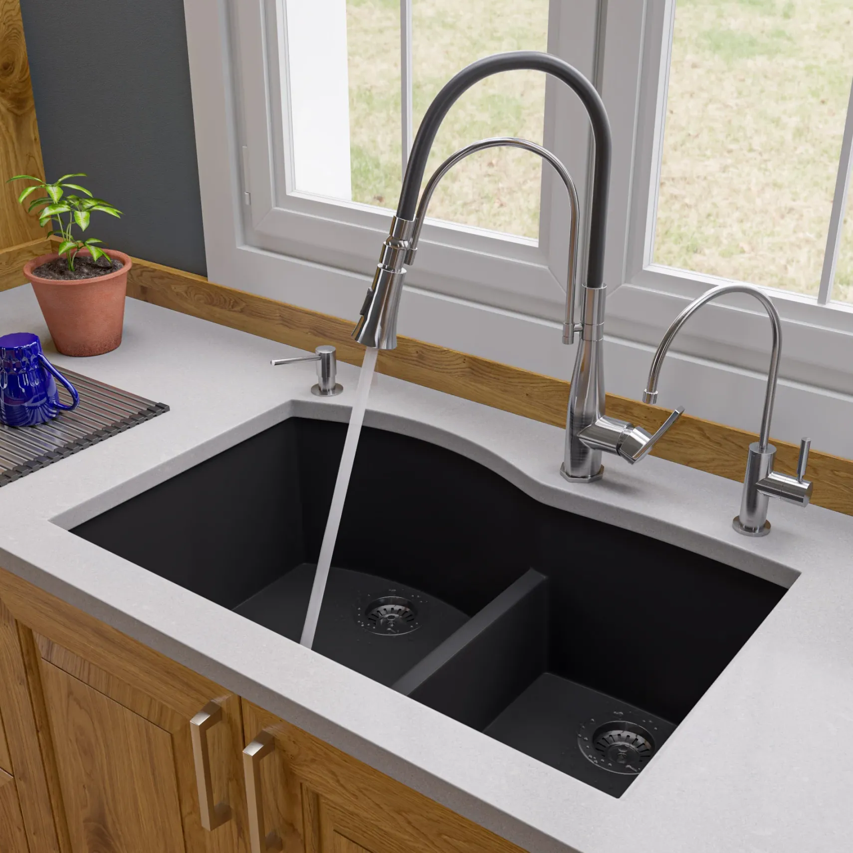 ALFI Black 33" Double Bowl Undermount Granite Composite Kitchen Sink, AB3320UM-BLA