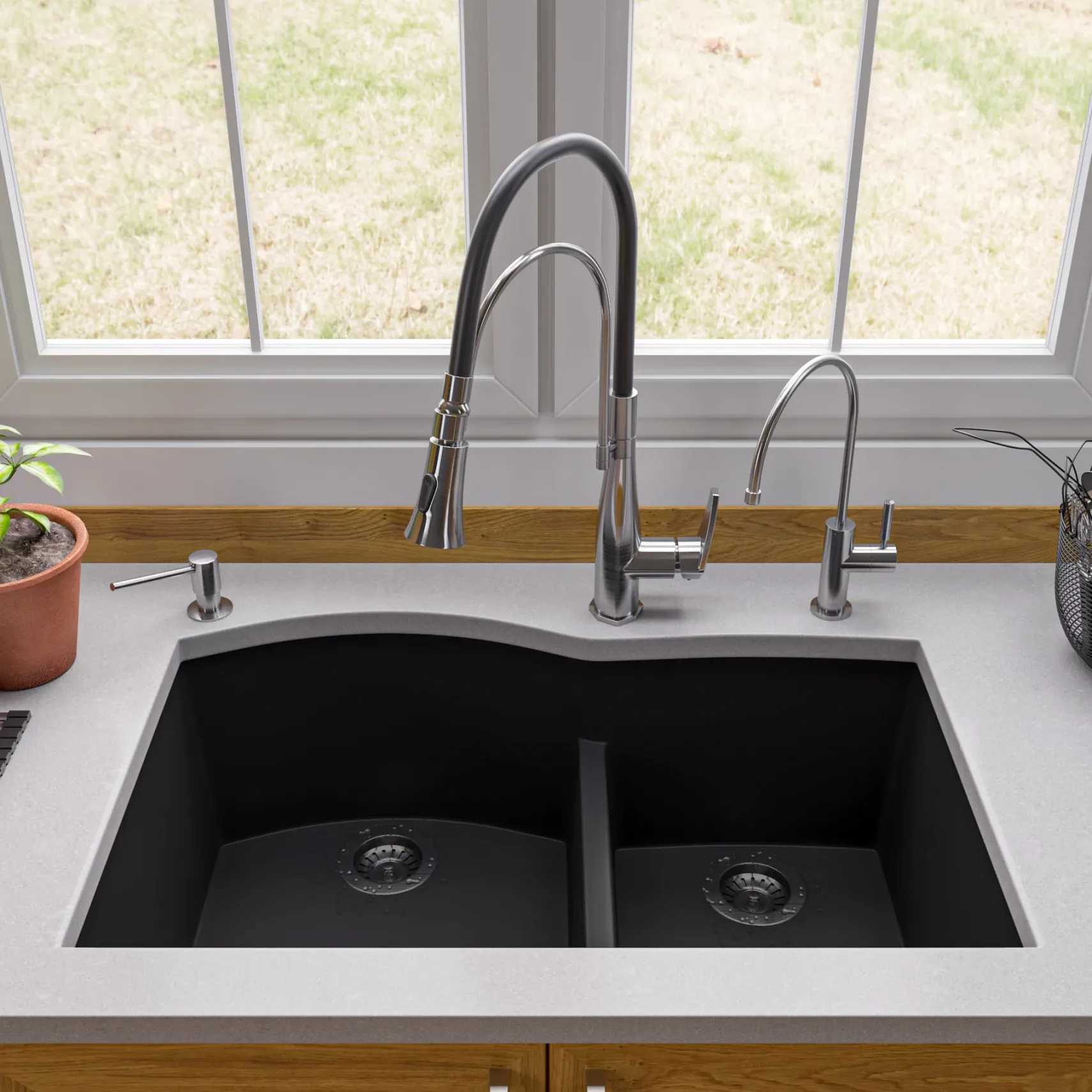 ALFI Black 33" Double Bowl Undermount Granite Composite Kitchen Sink, AB3320UM-BLA