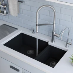 ALFI Black 34" Double Bowl Undermount Granite Composite Kitchen Sink, AB3319UM-BLA