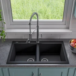 ALFI Black 34" Drop-In Double Bowl Granite Composite Kitchen Sink, AB3420DI-BLA