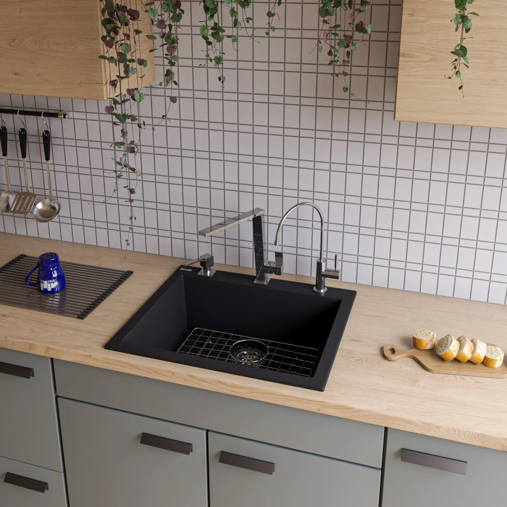 ALFI Black 24" Drop-In Single Bowl Granite Composite Kitchen Sink, AB2420DI-BLA
