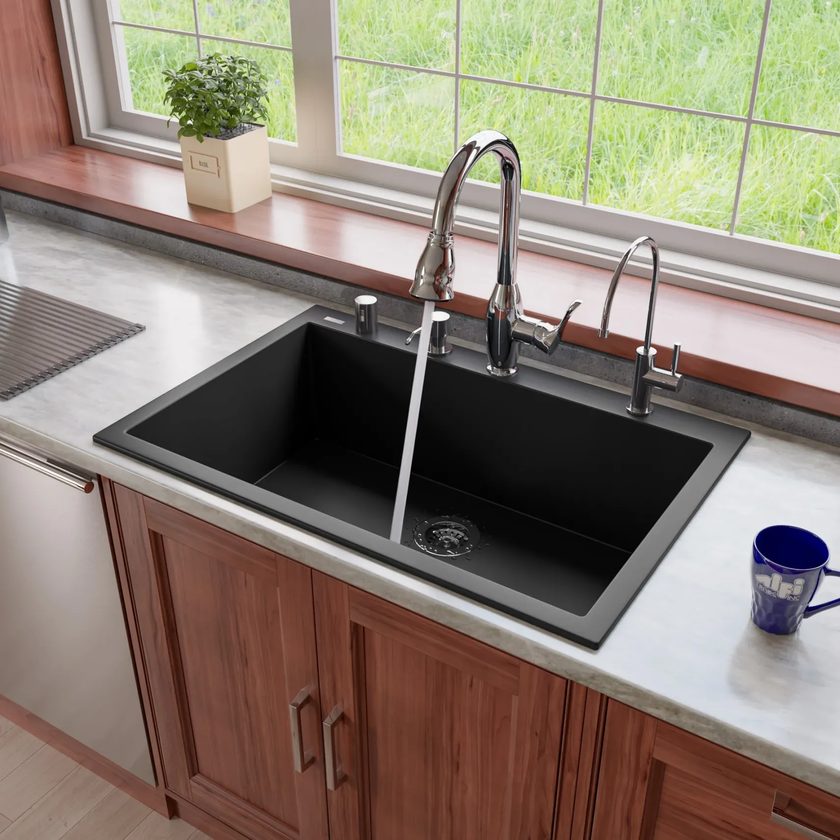 ALFI Black 33" Single Bowl Drop In Granite Composite Kitchen Sink, AB3322DI-BLA