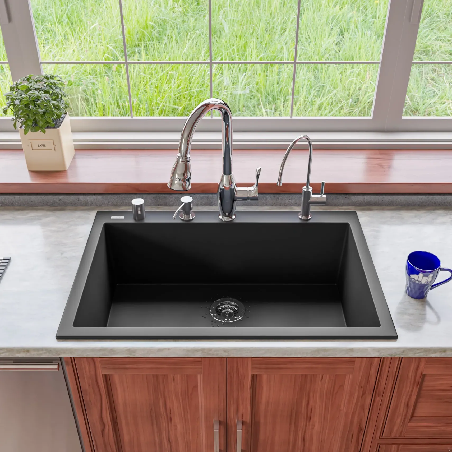 ALFI Black 33" Single Bowl Drop In Granite Composite Kitchen Sink, AB3322DI-BLA
