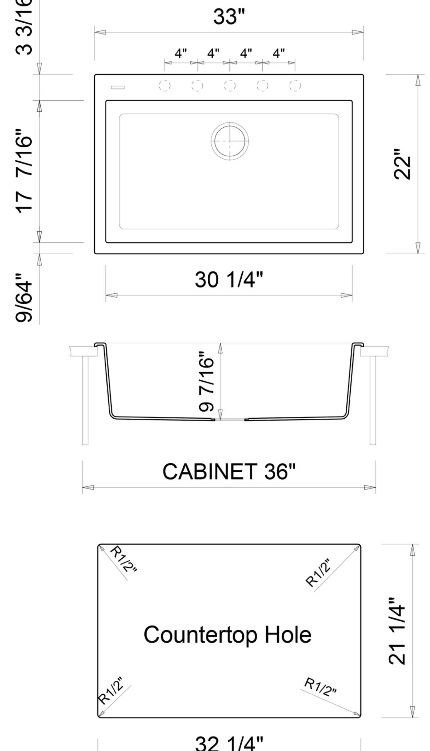 ALFI Black 33" Single Bowl Drop In Granite Composite Kitchen Sink, AB3322DI-BLA