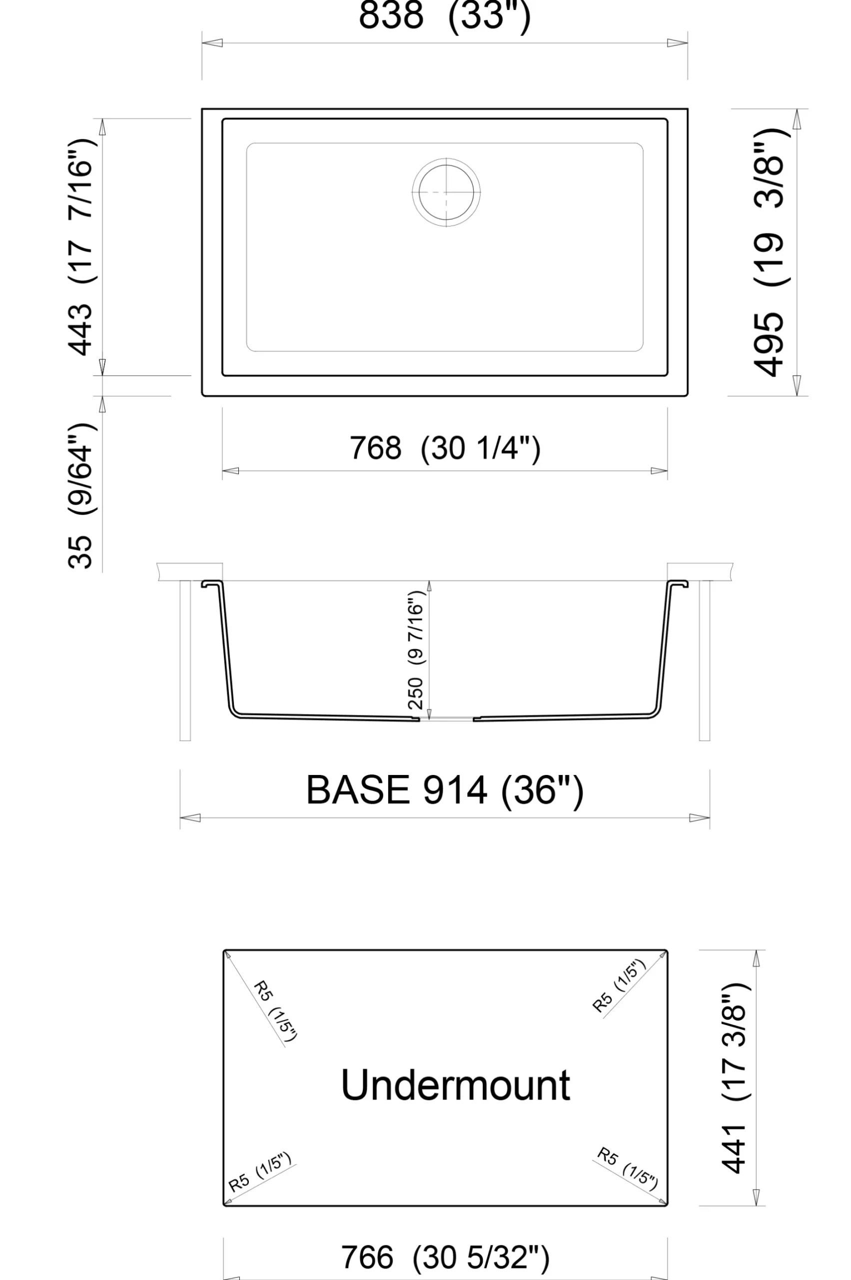 ALFI Black 33" Single Bowl Undermount Granite Composite Kitchen Sink, AB3322UM-BLA