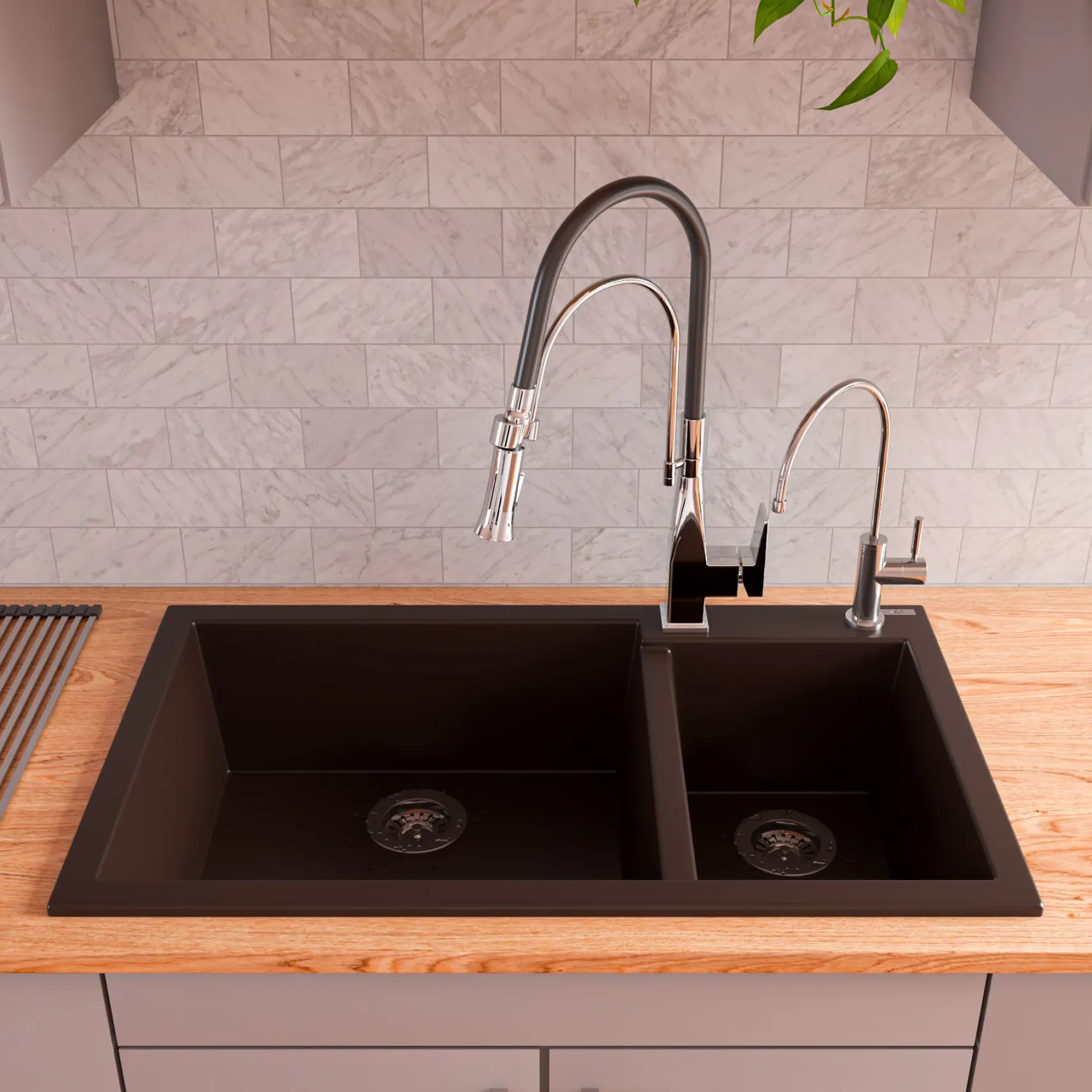 ALFI brand AB3319DI-C Chocolate 34" Double Bowl Drop In Granite Composite Kitchen Sink