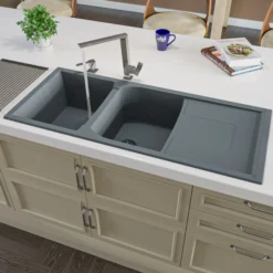 ALFI brand AB4620DI-T Titanium 46" Double Bowl Granite Composite Kitchen Sink with Drainboard