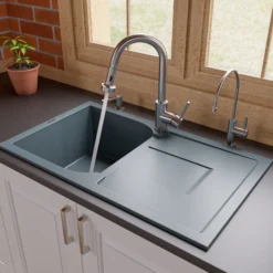 ALFI brand AB1620DI-T Titanium 34" Single Bowl Granite Composite Kitchen Sink with Drainboard