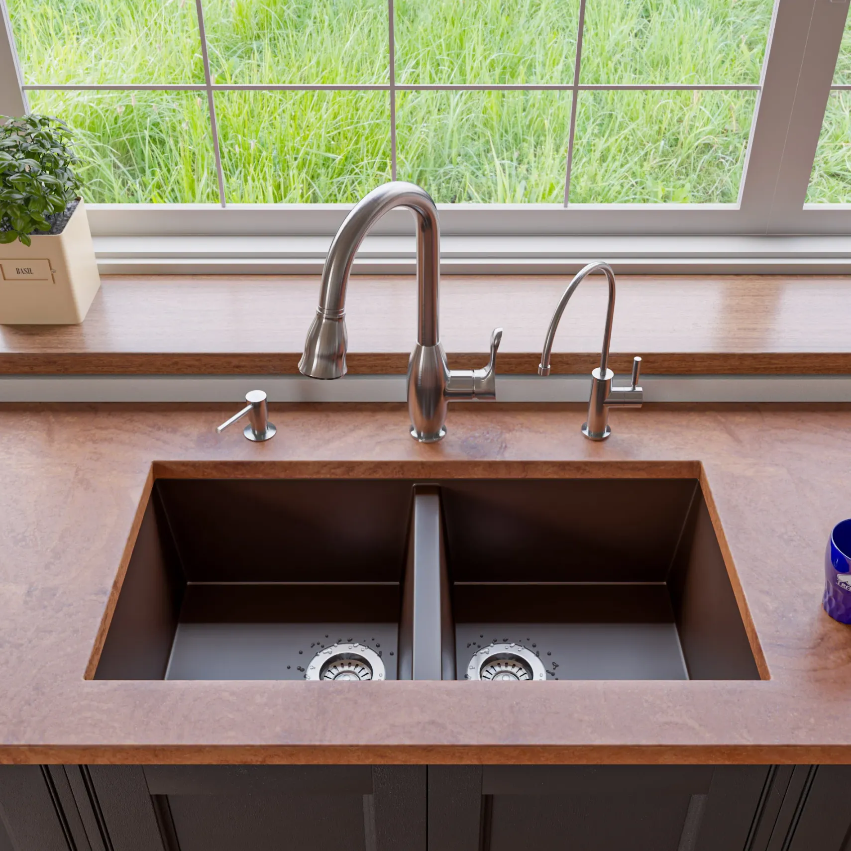 ALFI brand AB3420UM-C Chocolate 34" Undermount Double Bowl Granite Composite Kitchen Sink