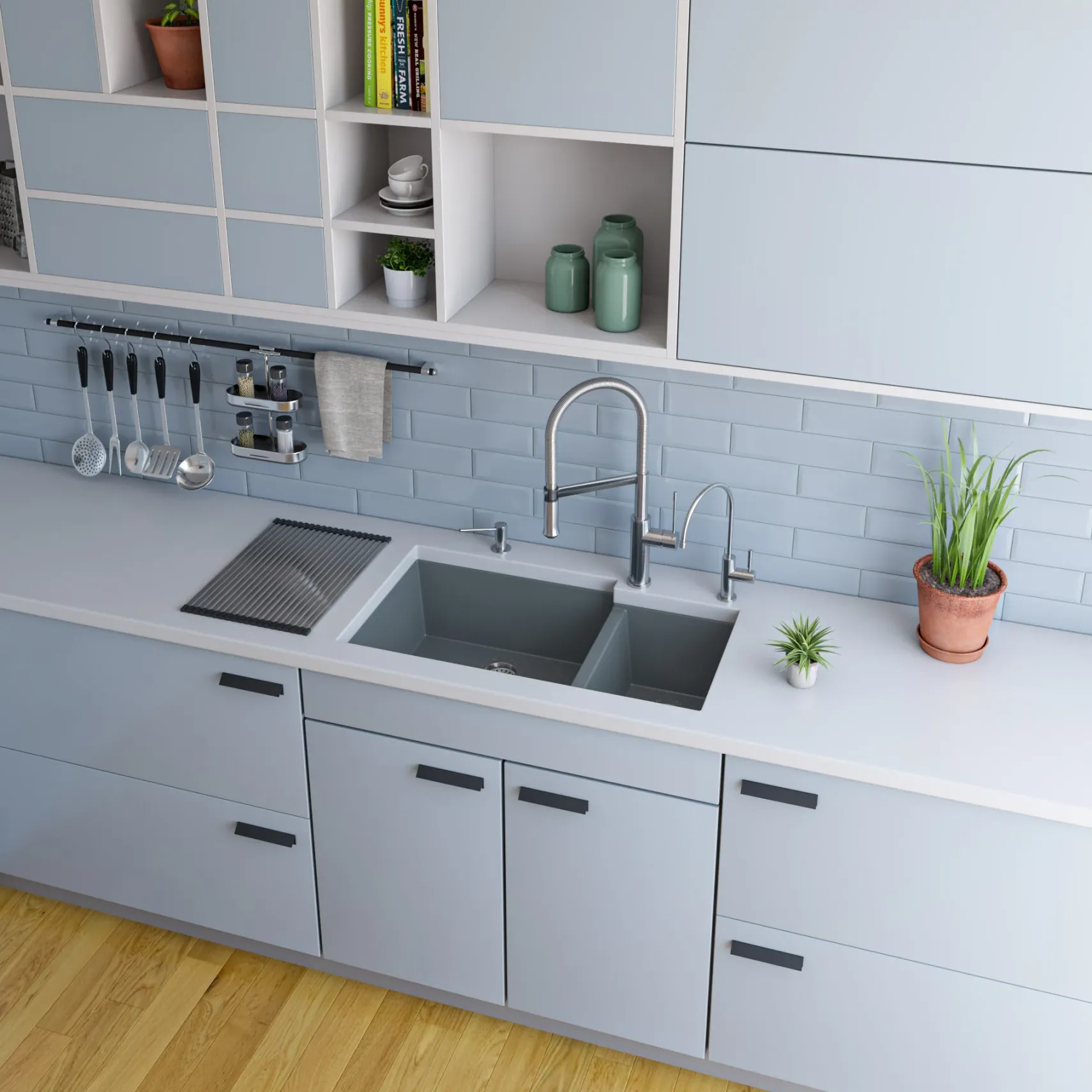 ALFI brand AB3319UM-T Titanium 34" Double Bowl Undermount Granite Composite Kitchen Sink