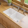 ALFI brand 32" Dual Mount Fireclay Kitchen Sink, 50/50 Double Bowl, White, No Faucet Hole, ABF3219DUD-W