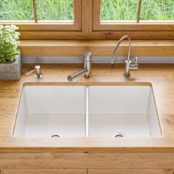 ALFI brand 32" Dual Mount Fireclay Kitchen Sink, 50/50 Double Bowl, White, No Faucet Hole, ABF3219DUD-W