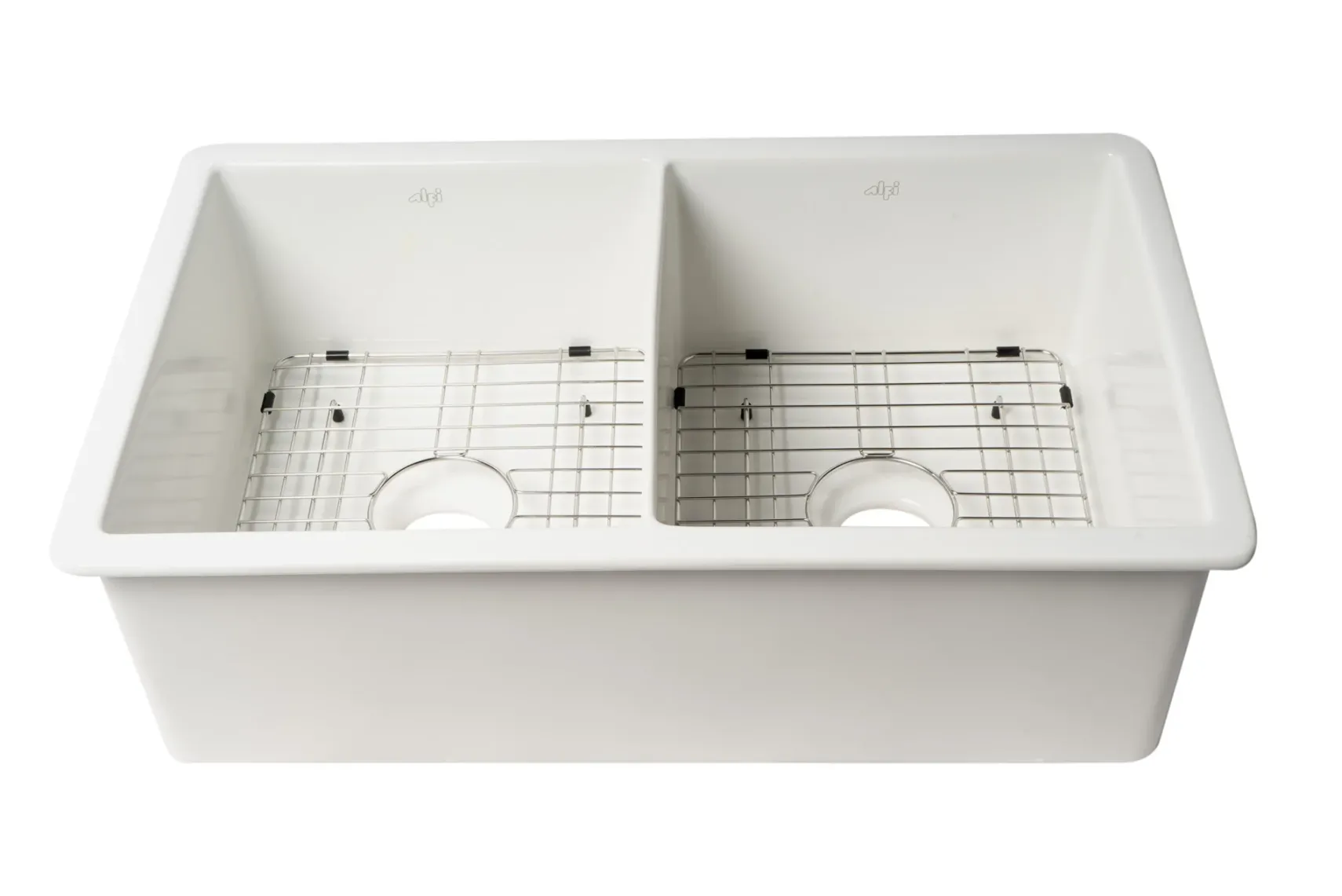 ALFI brand 32" Dual Mount Fireclay Kitchen Sink, 50/50 Double Bowl, White, No Faucet Hole, ABF3219DUD-W
