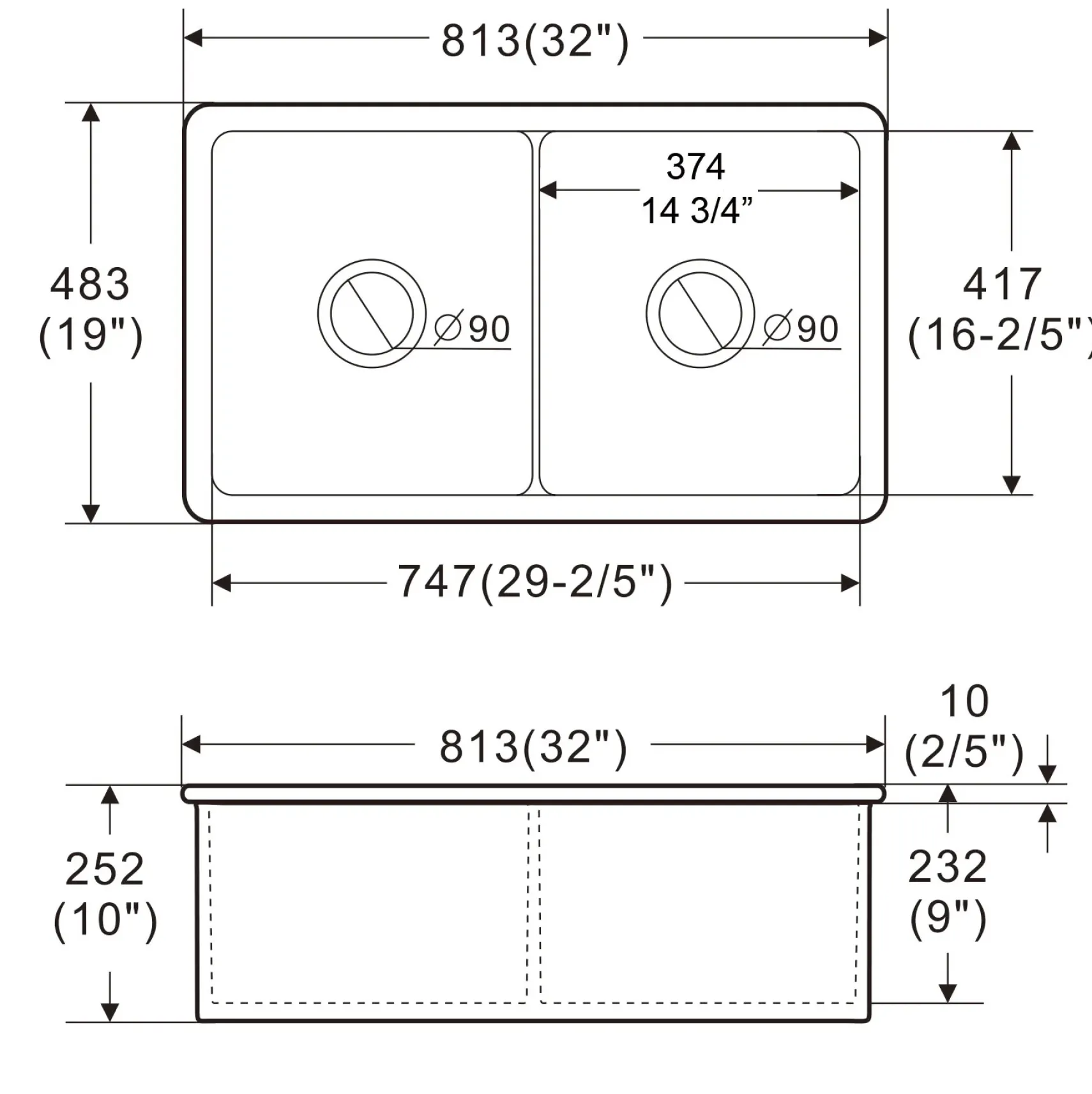 ALFI brand 32" Dual Mount Fireclay Kitchen Sink, 50/50 Double Bowl, White, No Faucet Hole, ABF3219DUD-W