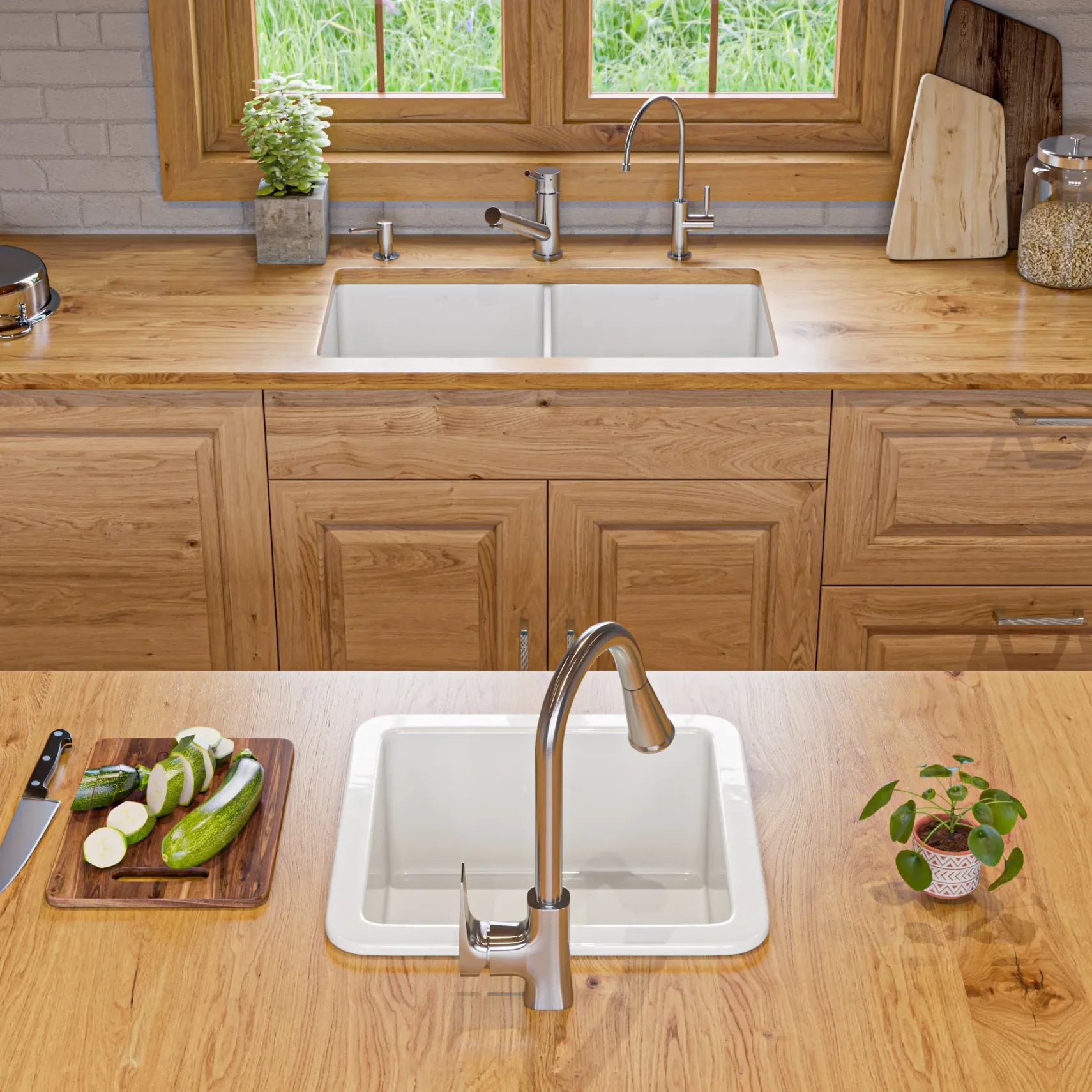 ALFI brand 32" Dual Mount Fireclay Kitchen Sink, 50/50 Double Bowl, White, No Faucet Hole, ABF3219DUD-W
