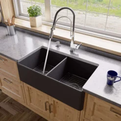 ALFI brand 33" Fireclay Farmhouse Sink, 50/50 Double Bowl, Black Matte, No Faucet Hole, ABF3318D-BM