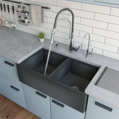 ALFI brand 33" Fireclay Farmhouse Sink, 50/50 Double Bowl, Concrete, ABCO3318DB