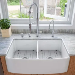 ALFI brand 33" Fireclay Farmhouse Sink with Accessories, 50/50 Double Bowl, White, ABFC3320D-W