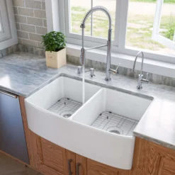 ALFI brand 33" Fireclay Farmhouse Sink with Accessories, 50/50 Double Bowl, White, ABFC3320D-W