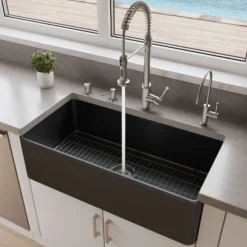 ALFI brand 36" Fireclay Farmhouse Sink, Black Matte, No Faucet Hole, ABF3618-BM