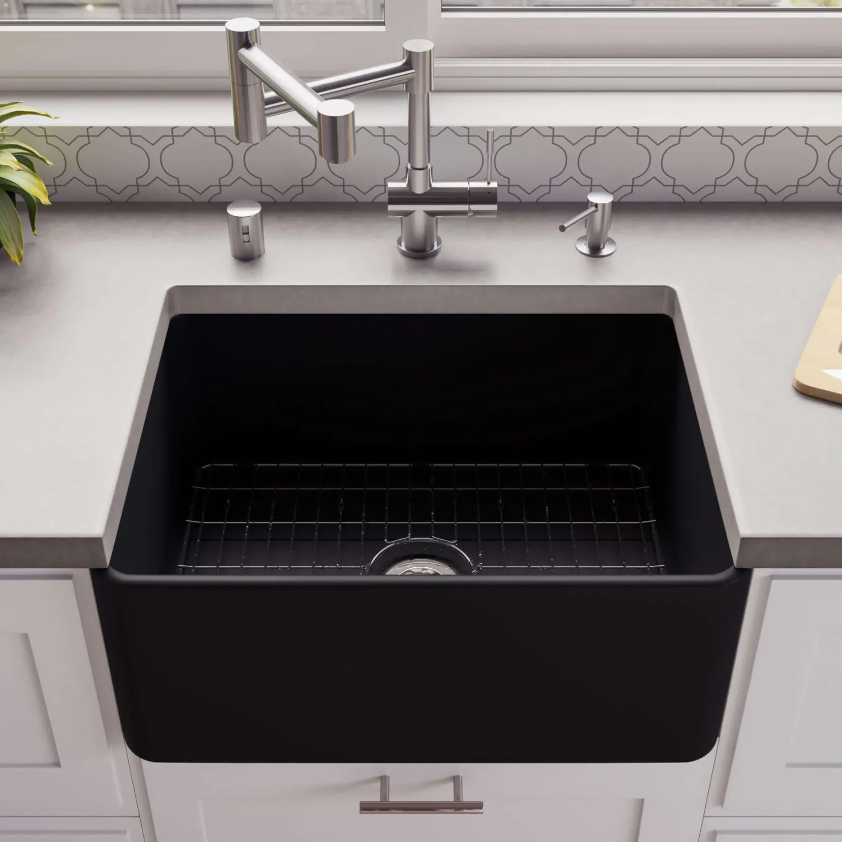 ALFI brand 24" Fireclay Farmhouse Sink, Black Matte, No Faucet Hole, ABF2418-BM
