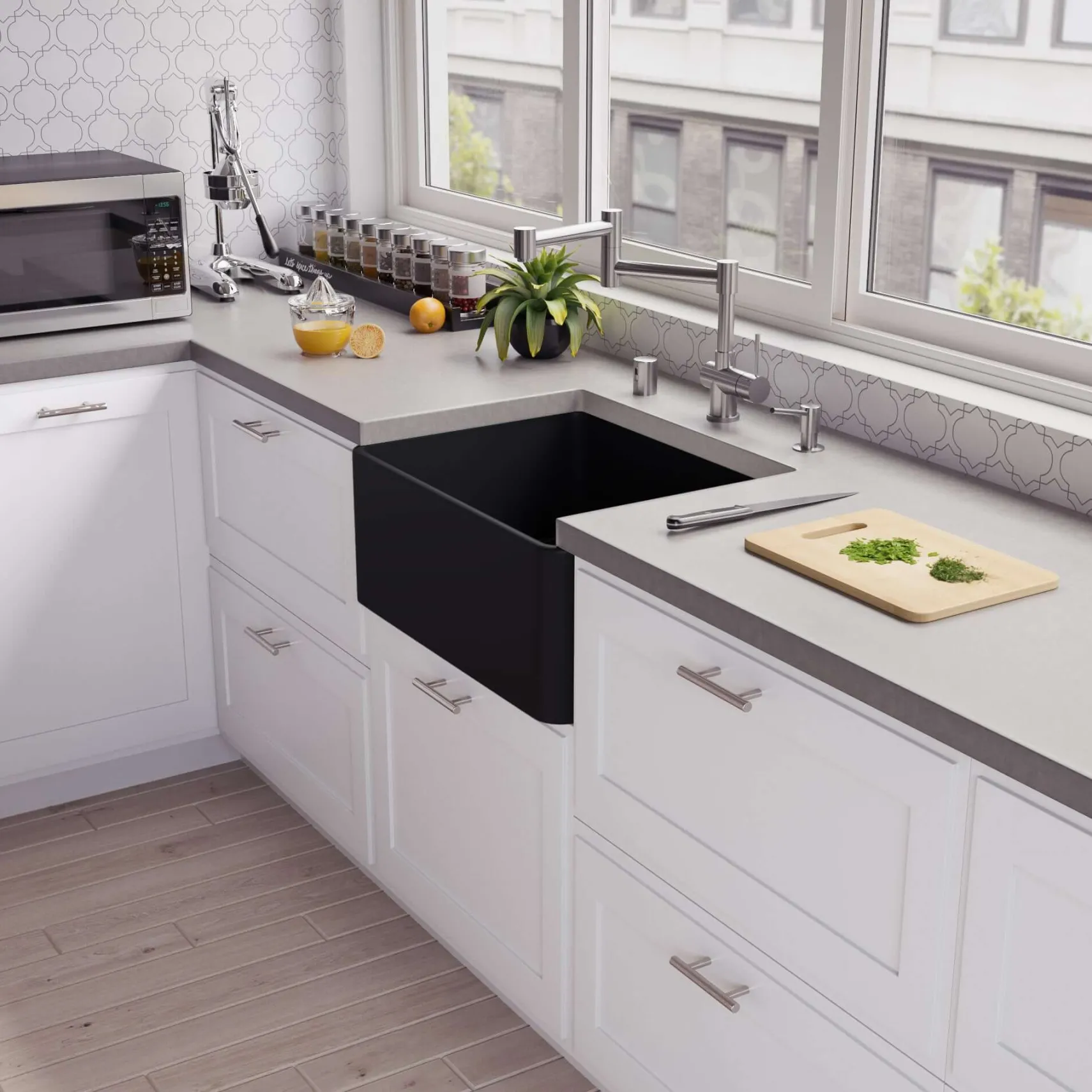 ALFI brand 24" Fireclay Farmhouse Sink, Black Matte, No Faucet Hole, ABF2418-BM