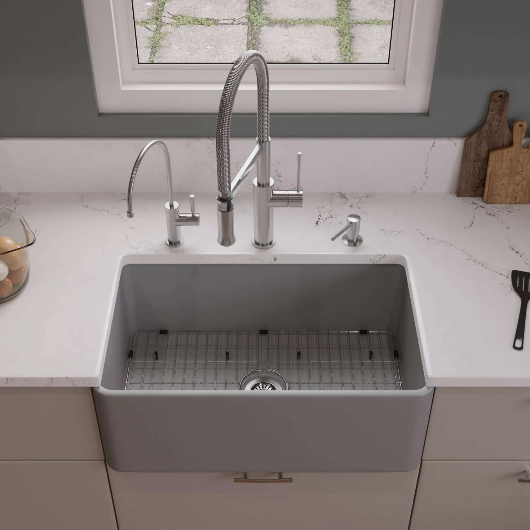 ALFI brand 30" Fireclay Farmhouse Sink, Gray Matte, No Faucet Hole, ABF3018-GM