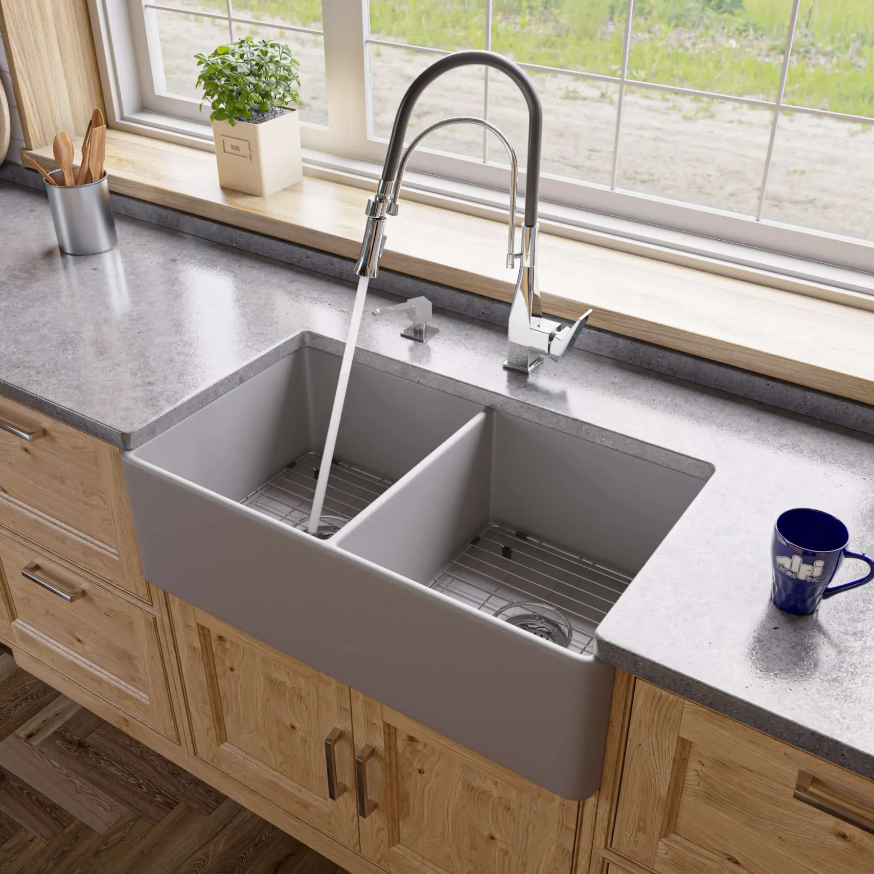 ALFI brand 33" Fireclay Farmhouse Sink, 50/50 Double Bowl, Gray Matte, No Faucet Hole, ABF3318D-GM