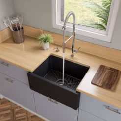 ALFI brand 24" Fireclay Farmhouse Sink, Black Matte, No Faucet Hole, AB2418HS-BM