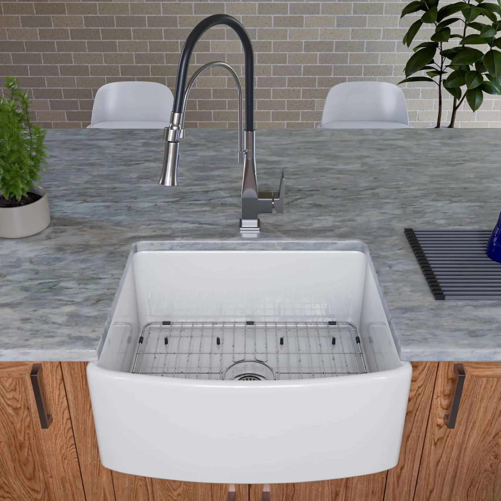 ALFI brand 24" Fireclay Farmhouse Sink with Accessories, White, ABFC2420-W