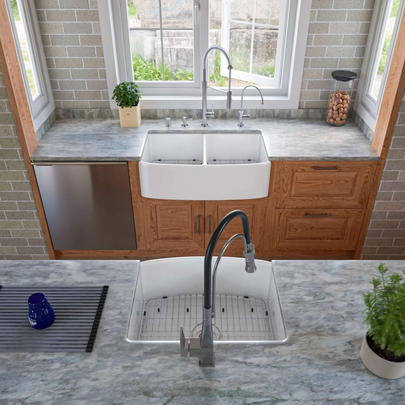 ALFI brand 24" Fireclay Farmhouse Sink with Accessories, White, ABFC2420-W